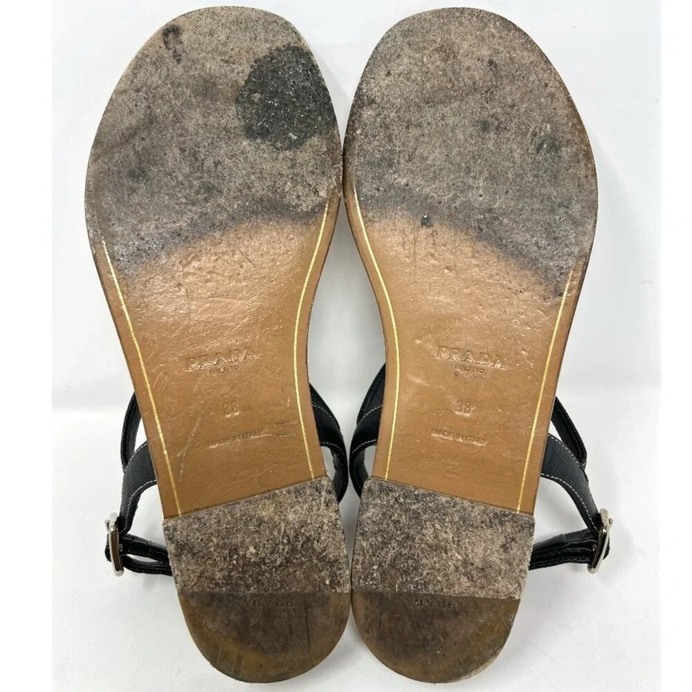Prada Black Saffiano Leather Flat Thong Sandals Ankle Strap EU 38 Made in Italy‎